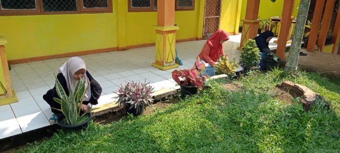Dewan Guru MIN 1 Tebo Aktif Rawat Tanaman Bunga di Madrasah Selama Libur Berlangsung